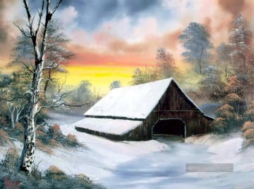 Hütte im Winter Stil von Bob Ross Ölgemälde